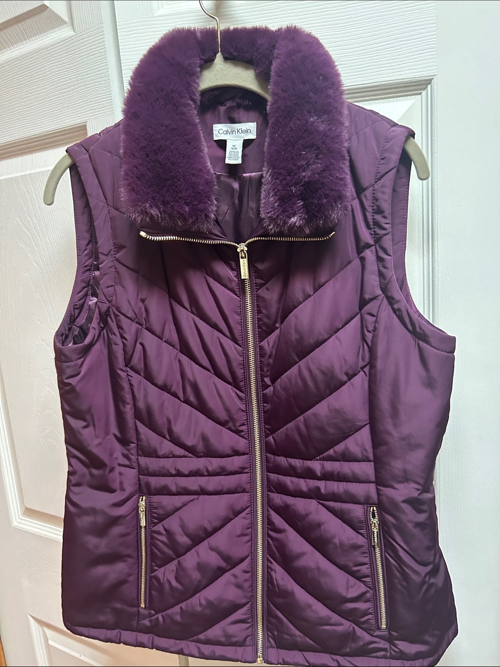 Calvin Klein Deep Purple Quilted Vest with Faux-Fur Collar